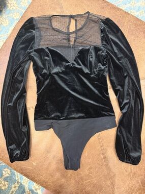 Lulu's Black Velvet Sheer Yoke Long Sleeve Bodysuit
